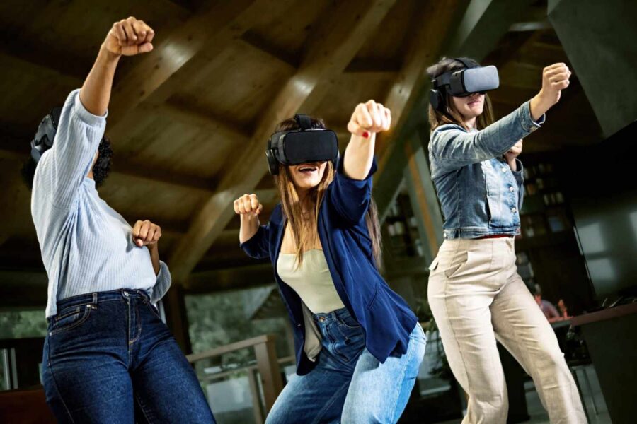 women with 360 vr goggles on