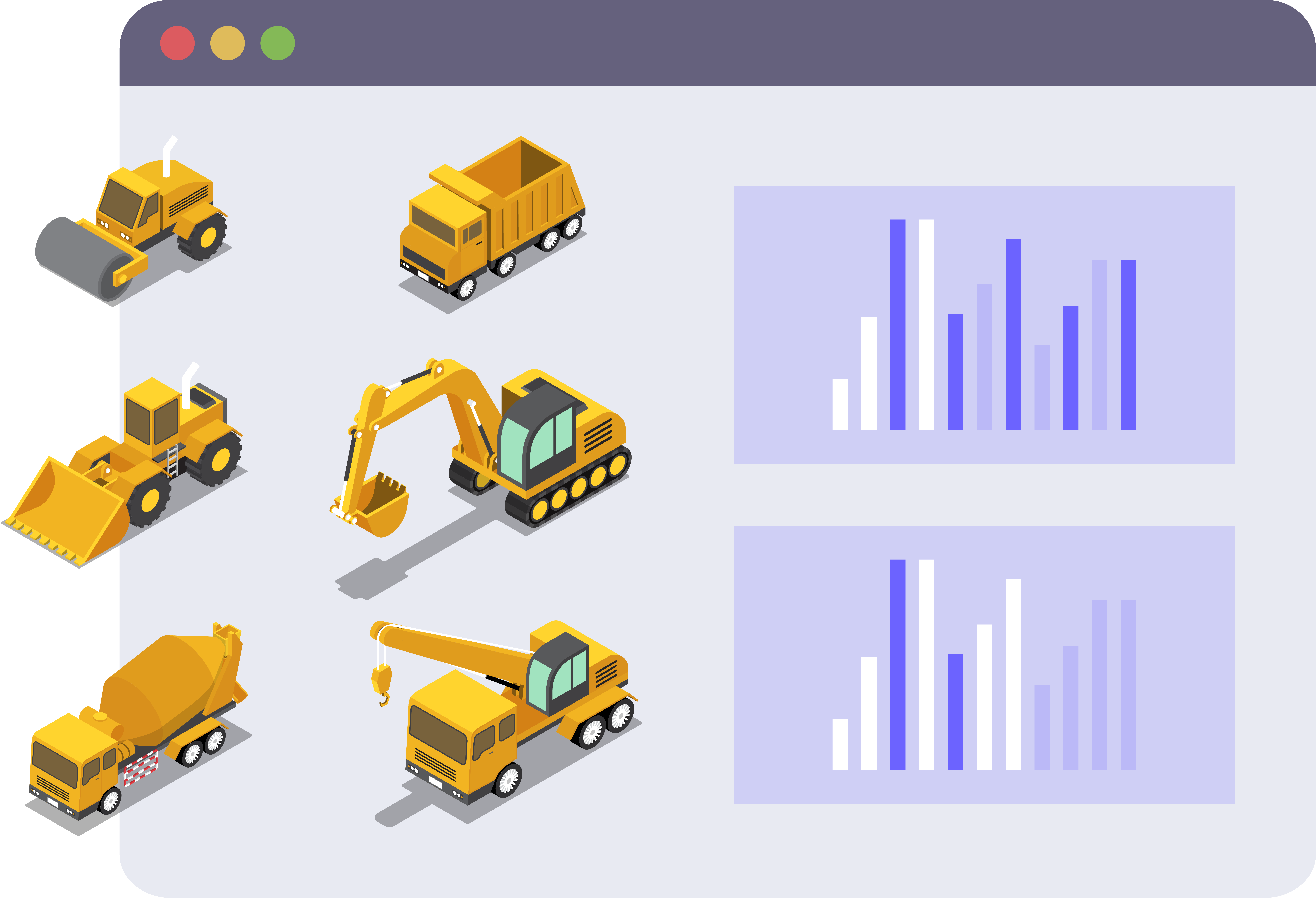 Browser-style frame showing isometric yellow construction equipment icons in a vertical list on the left (loader, dump truck, excavator, crane) and two purple-gradient bar charts displayed in panels on the right.