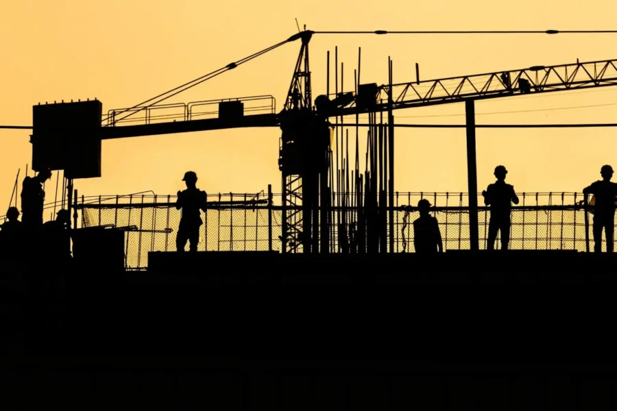 silhouette of construction site with yellow sunset in background