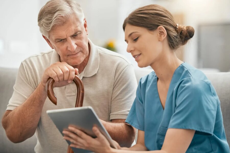 Hospice Nurse Using Medical Equipment Rental Software