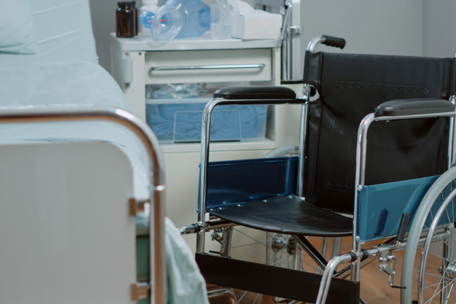 Close up of wheelchair in hospital ward for healthcare