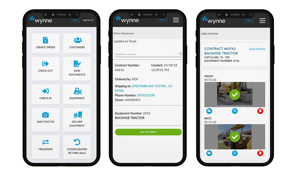 MobileLink screenshots showing equipment check in, check out, rental equipment condition reports, and photos