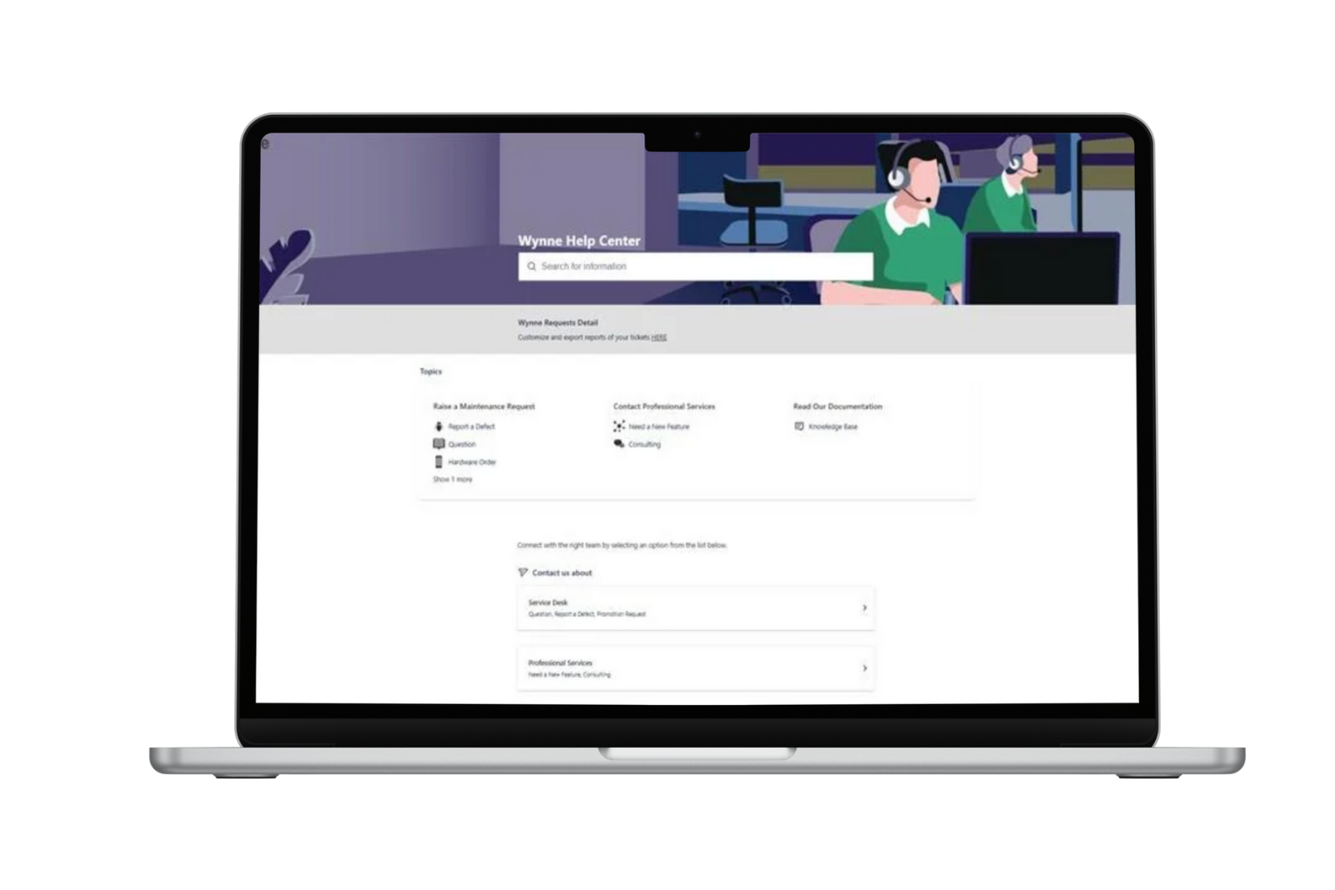 Laptop screen showing Wynne's help center for submitting a ticket