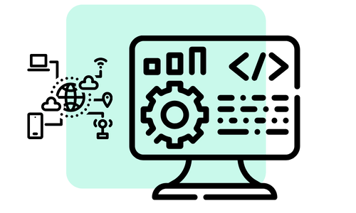 Monitor with gear and code symbols